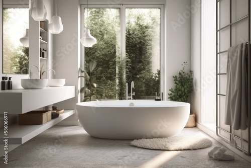 modern bathroom with a spacious white bathtub as the centerpiece created with Generative AI technology