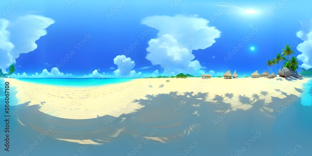 Photo of a tropical paradise beach with swaying palm trees and clear blue sky