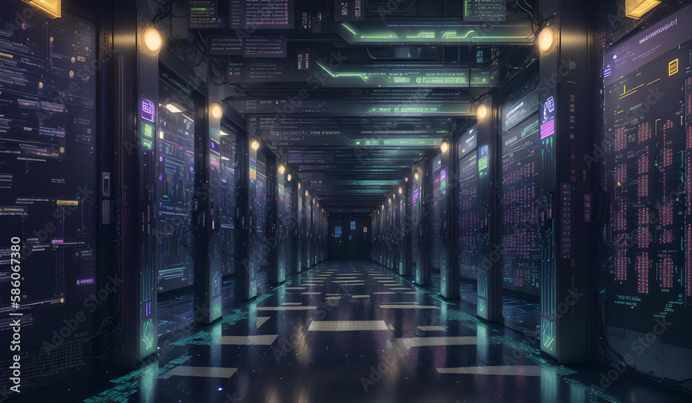 Photo of a data center hallway with rows of servers