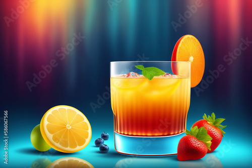 Glass of coctail with orange  strawberry and mint.  Generative AI 