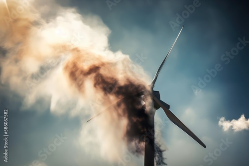 Wind turbine fire against a vivid blue sky, generative ai