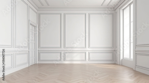 Foto elegant empty room interior 2, white wall with classic style mouldings and woode
