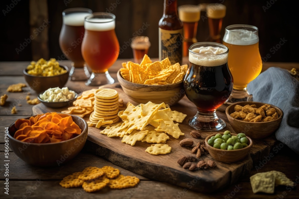A beer tasting party with a variety of craft brews and snacks to pair with them. Generative AI
