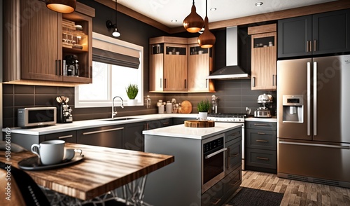  a modern kitchen with stainless steel appliances and wood cabinets and a breakfast nook.  generative ai