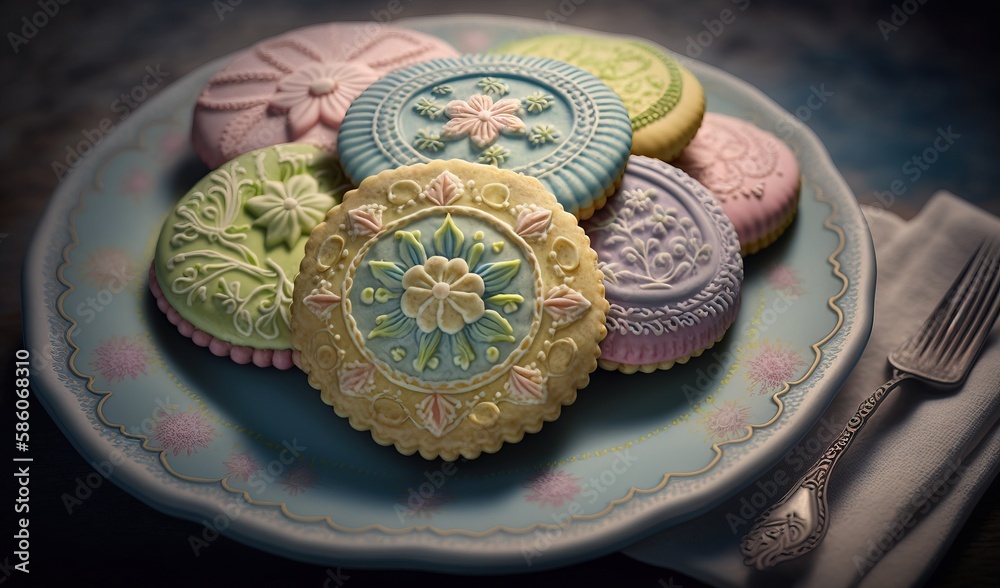 a plate of decorated cookies with a fork and knife next to it.  generative ai