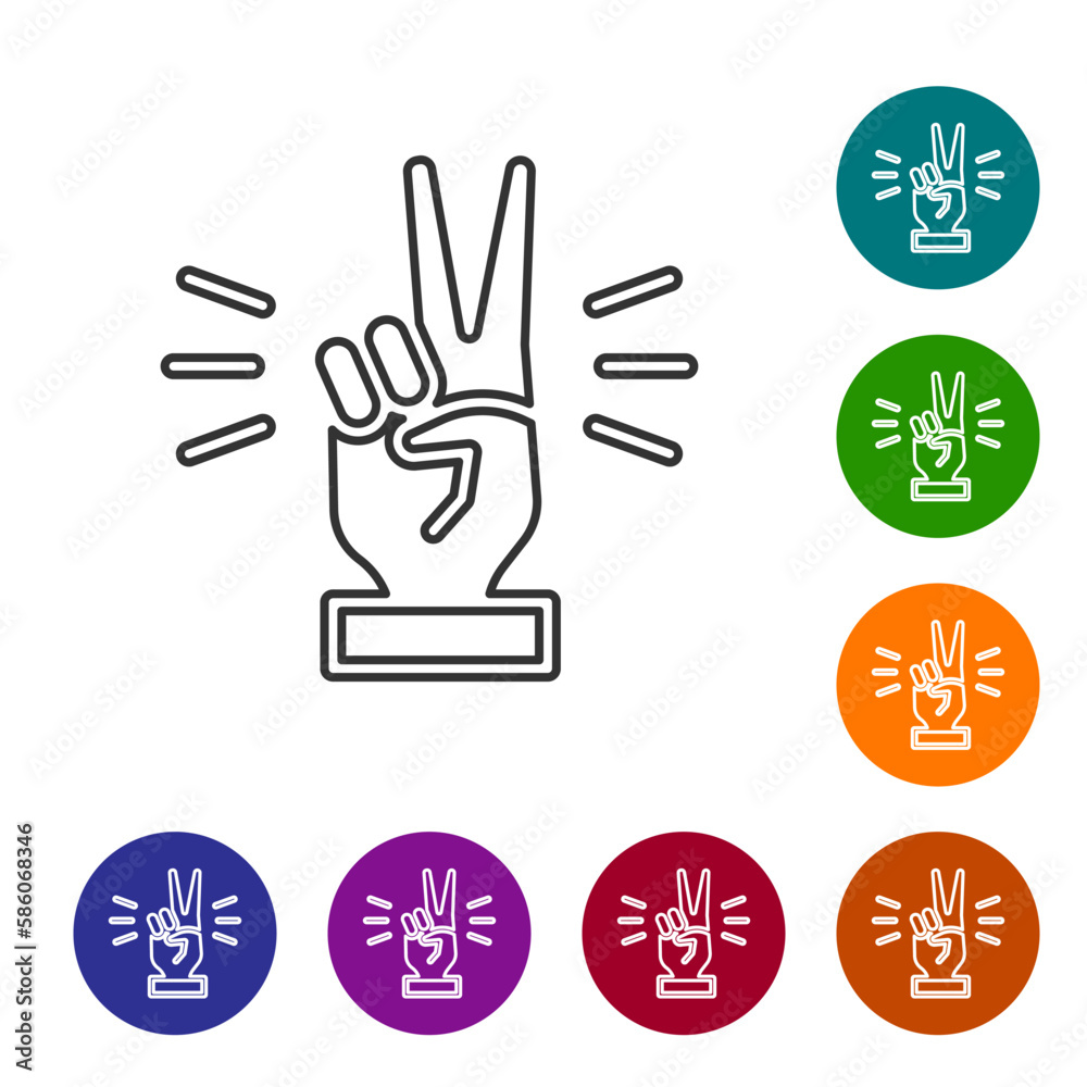 Black line Hand showing two finger icon isolated on white background. Victory hand sign. Set icons in color circle buttons. Vector Black line Hand showing two finger icon isolated on white background. Victory hand sign. Set icons in color circle buttons. Vector