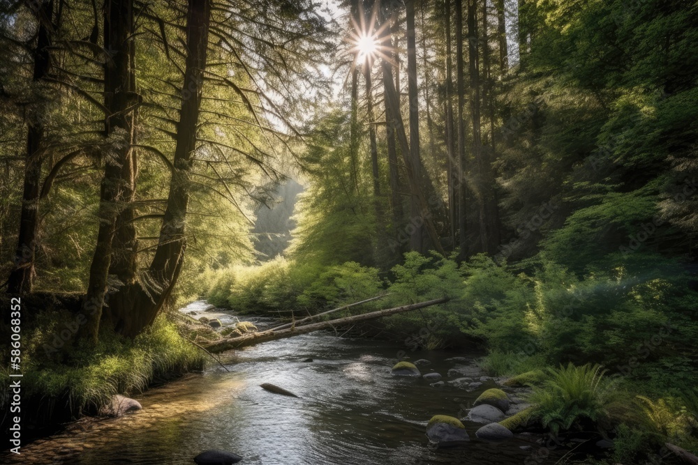A dense forest with tall trees blocking out the sun, and a river flowing gently through the underbrush. Generative AI A dense forest with tall trees blocking out the sun, and a river flowing gently through the underbrush. Generative AI