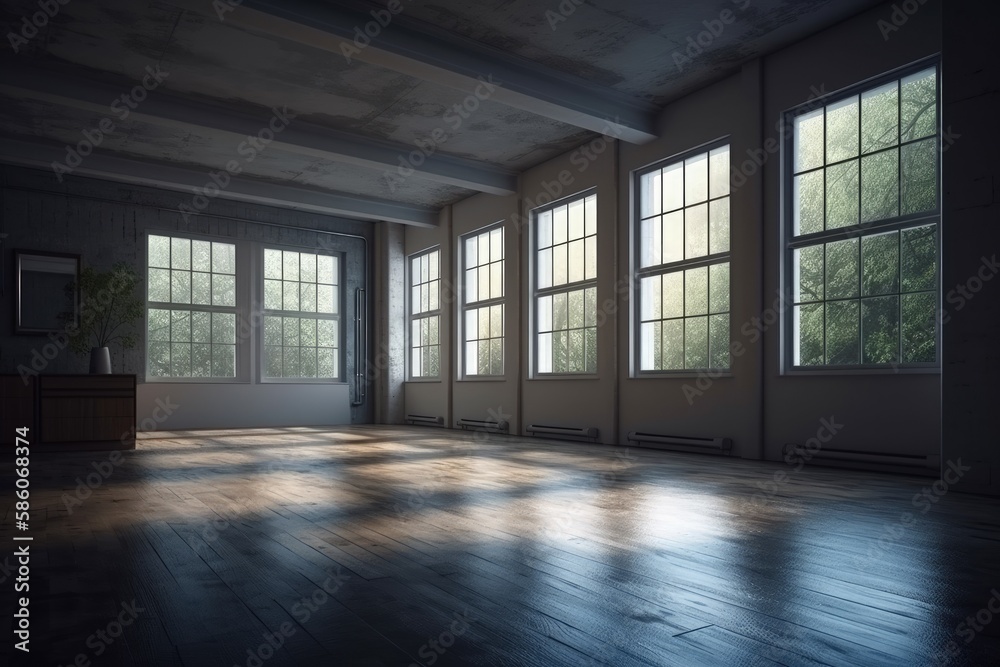 empty room with natural light and wooden floors created with Generative AI technology