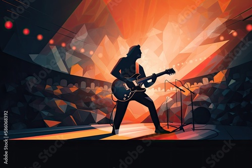 A vibrant vector of a person playing guitar on stage. Generative AI