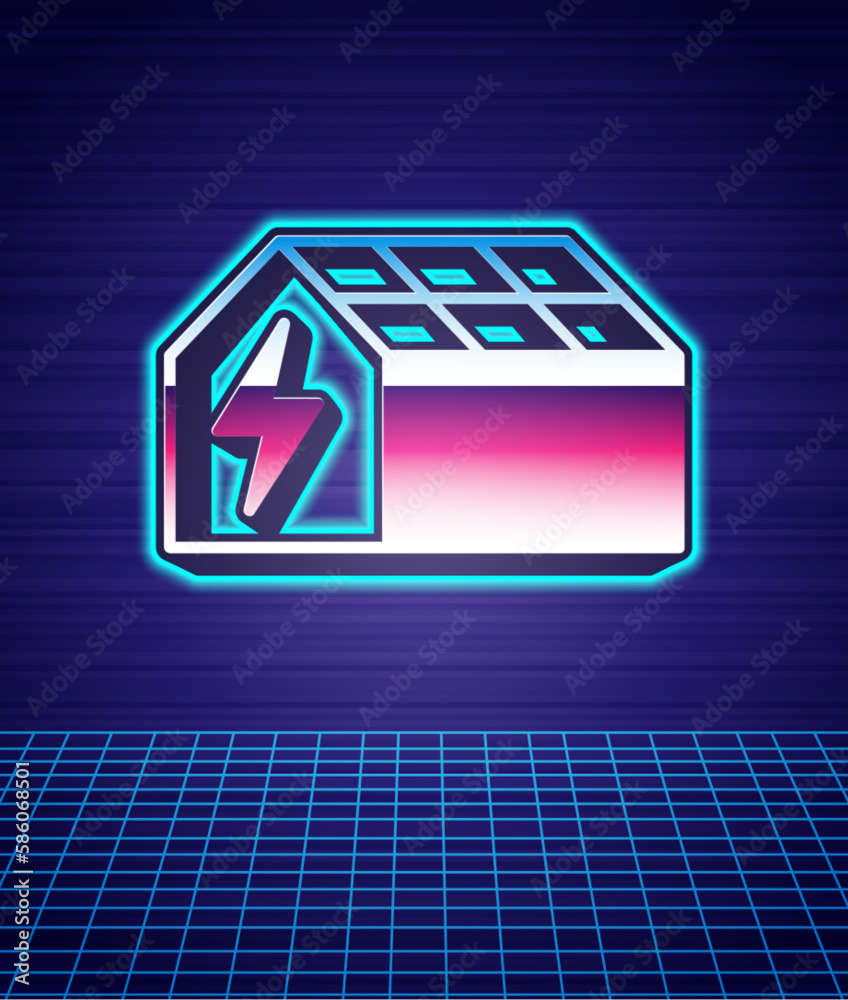 Retro style Solar energy panel icon isolated futuristic landscape background. 80s fashion party. Vector