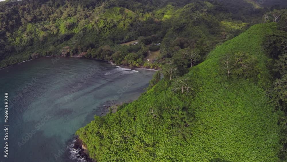 Wild nature bay on an island. Drone shot flying over