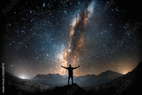 A person reaching for the stars in a night sky. Generative AI