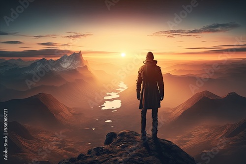 A person standing on a mountain peak  watching the sunrise over a vast  sprawling landscape. Generative AI