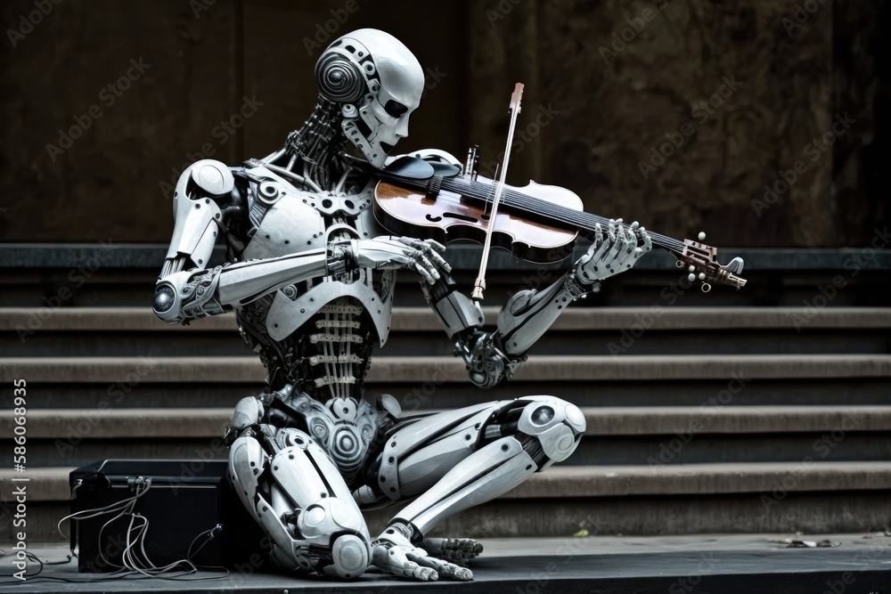 Naklejka premium A robot musician performing a concert on a stage. Generative AI