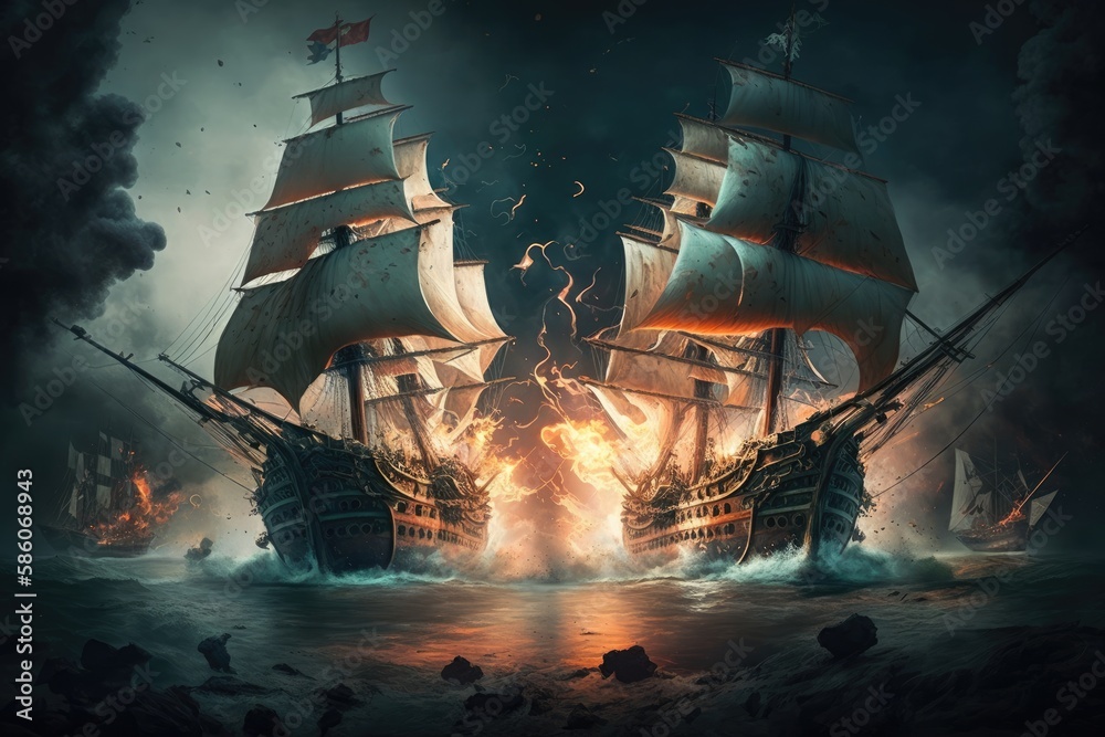Obraz premium A sea battle between two pirate ships, with cannons firing and swords clashing. Generative AI