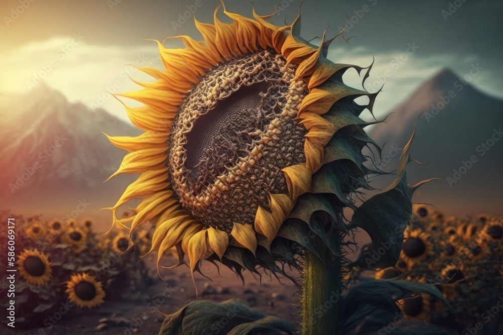 A sunflower turning its head to face the sun. Generative AI Stock