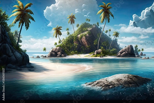 A tropical island with crystal clear water and palm trees swaying in the breeze. Generative AI