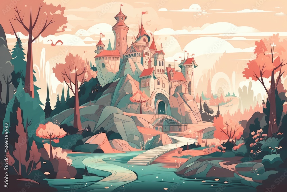 A whimsical vector illustration of a fairy tale castle in a magical forest. Generative AI