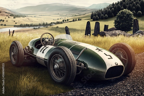 A vintage racecar parked on a grassy hill overlooking a scenic racetrack. Generative AI