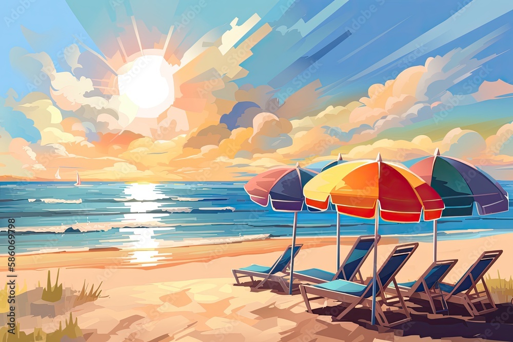 Sunny beach with umbrellas and chairs. Generative AI