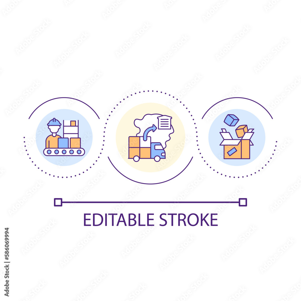 Goods storage and distribution service loop concept icon. Local supply chain organization abstract idea thin line illustration. Isolated outline drawing. Editable stroke. Arial font used Goods storage and distribution service loop concept icon. Local supply chain organization abstract idea thin line illustration. Isolated outline drawing. Editable stroke. Arial font used