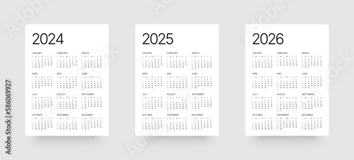 Annual calendar template for 2024, 2025, 2026 years. Week Starts on Sunday. Business calendar in a minimalist style.