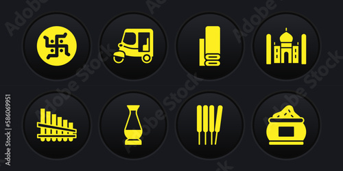 Set Pan flute, Taj Mahal, Indian vase, Aroma sticks, incense, textile fabric, Taxi tuk tuk, spice and Hindu swastika icon. Vector