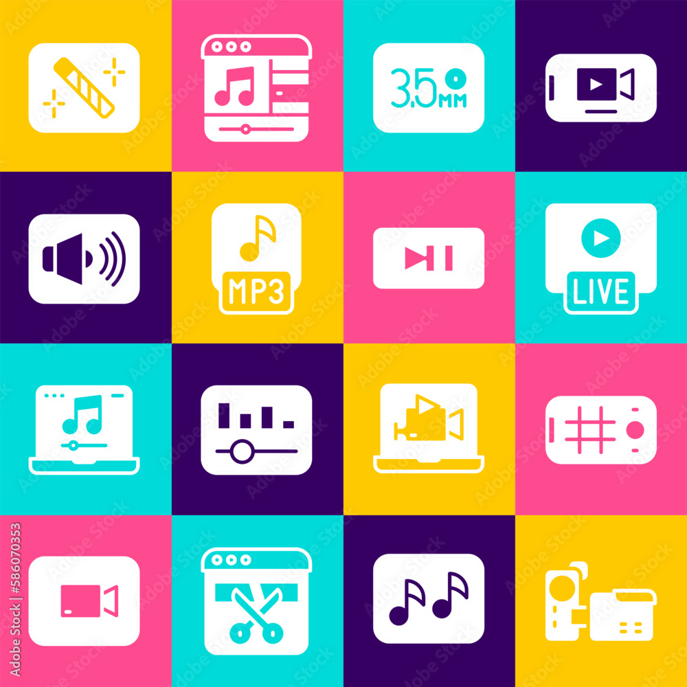 Set Cinema camera, Selfie on mobile, Live stream, Audio jack, MP3 file, Speaker volume, Photo retouching and Pause button icon. Vector Set Cinema camera, Selfie on mobile, Live stream, Audio jack, MP3 file, Speaker volume, Photo retouching and Pause button icon. Vector