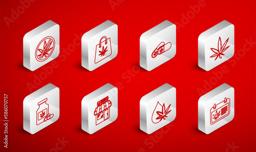 Set line Calendar and marijuana, Shopping bag of, Medical pills with, Marijuana or cannabis leaf, oil, Stop, store and bottle icon. Vector