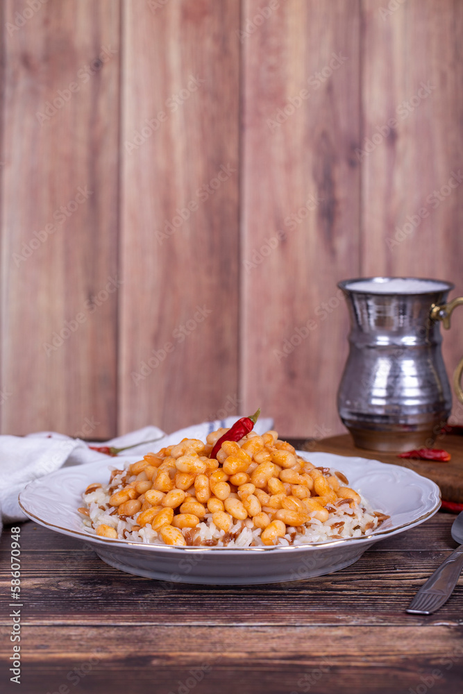 Dry bean pilaf. Traditional Turkish cuisine. Turkish dry beans and rice