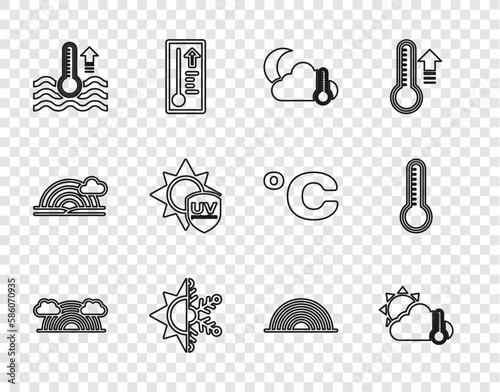 Set line Rainbow with clouds, Thermometer and cloud, sun, moon, Sun snowflake, Water thermometer, UV protection, and Meteorology icon. Vector