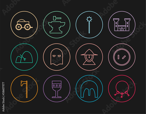 Set line Old keys, Round wooden shield, Medieval chained mace ball, Executioner mask, Bale of hay and rake, Wooden four-wheel cart, iron helmet and Anvil for blacksmithing hammer icon. Vector