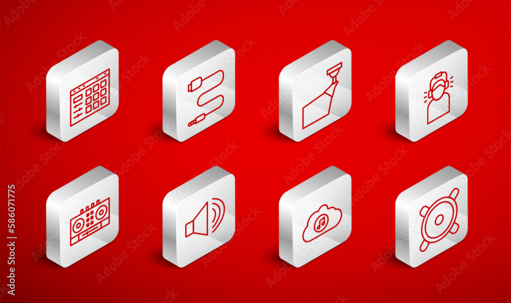 Set line Stereo speaker, Audio jack, Movie spotlight, Man in headphones, Music streaming service, Drum machine, Speaker volume and DJ remote and mixing music icon. Vector Set line Stereo speaker, Audio jack, Movie spotlight, Man in headphones, Music streaming service, Drum machine, Speaker volume and DJ remote and mixing music icon. Vector