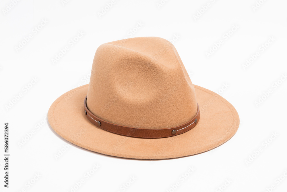 Stilish brown safari style hat with strap for women, isolated white background.
