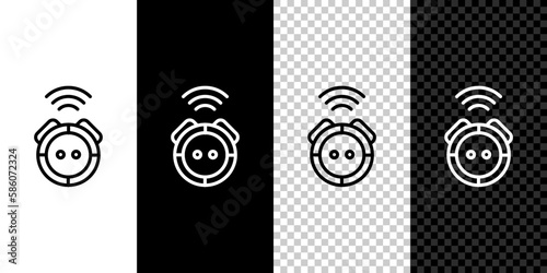 Set line Robot vacuum cleaner icon isolated on black and white background. Home smart appliance for automatic vacuuming, digital device for house cleaning. Vector