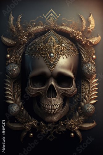 Mystical depiction of a skull decorated with highly detailed golden jewelry. The skull is framed by an elaborate and also detailed jewelry frame.