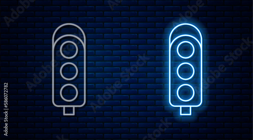 Glowing neon line Traffic light icon isolated on brick wall background. Vector