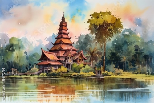 serene pagoda reflected on a calm lake in a watercolor painting created with Generative AI technology