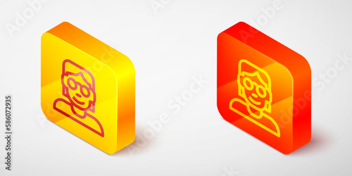 Isometric line Hacker or coder icon isolated on grey background. Programmer developer working on code, coding, testing, debugging, analysing. Yellow and orange square button. Vector