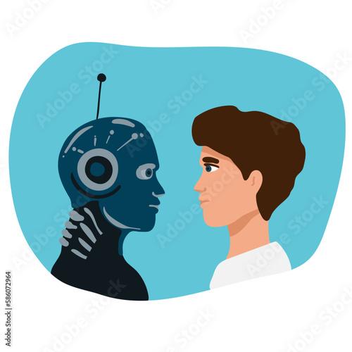 Vector cartoon style illustration of human aggressive businessman vs robot confrontation arm wrestling. Modern technology concept