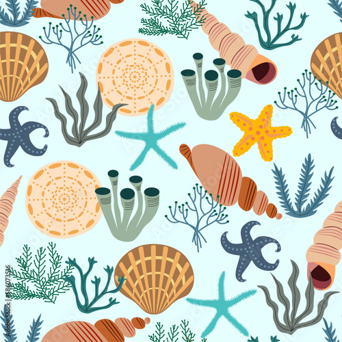 Seamless blue summer underwater pattern. Vector illustration. Various shells, seaweeds and stars