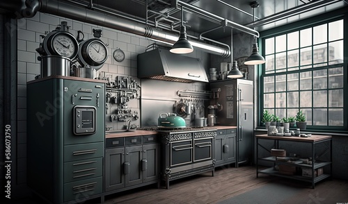  a kitchen with a stove, oven, and a refrigerator.  generative ai