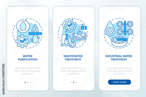 Water treatment blue onboarding mobile app screen. Purification walkthrough 3 steps editable graphic instructions with linear concepts. UI, UX, GUI template. Myriad Pro-Bold, Regular fonts used