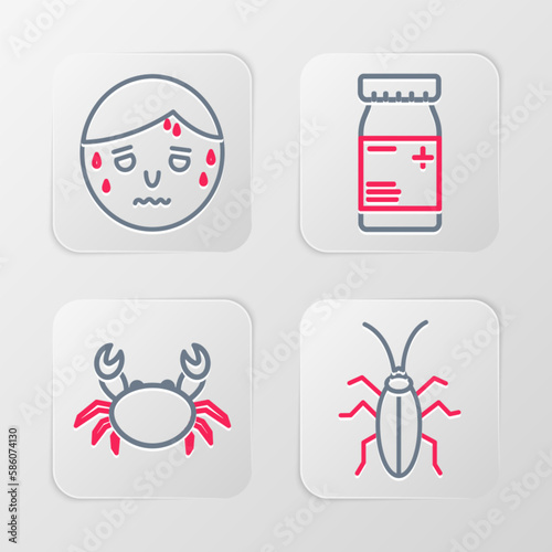 Set line Cockroach, Crab, Medicine bottle and pills and Man with excessive sweating icon. Vector