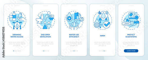 Clean water and sanitation blue onboarding mobile app screen. Walkthrough 5 steps editable graphic instructions with linear concepts. UI, UX, GUI template. Myriad Pro-Bold, Regular fonts used