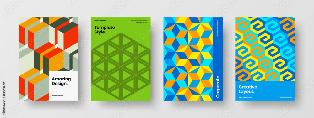 Minimalistic company brochure A4 vector design layout composition. Original geometric hexagons flyer concept collection.