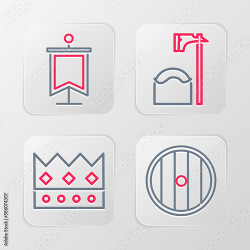 Set line Round wooden shield, King crown, Executioner axe tree block and Medieval flag icon. Vector