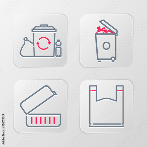 Set line Plastic bag, Lunch box, Trash can and Recycle bin with recycle icon. Vector