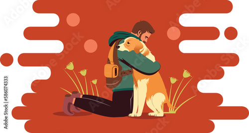 Man with a dog, searching for animals and nature, vector illustration man hugging a dog