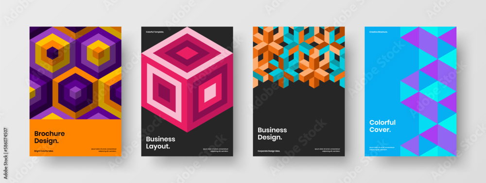 Vivid geometric hexagons cover concept set. Premium handbill A4 vector design layout composition.